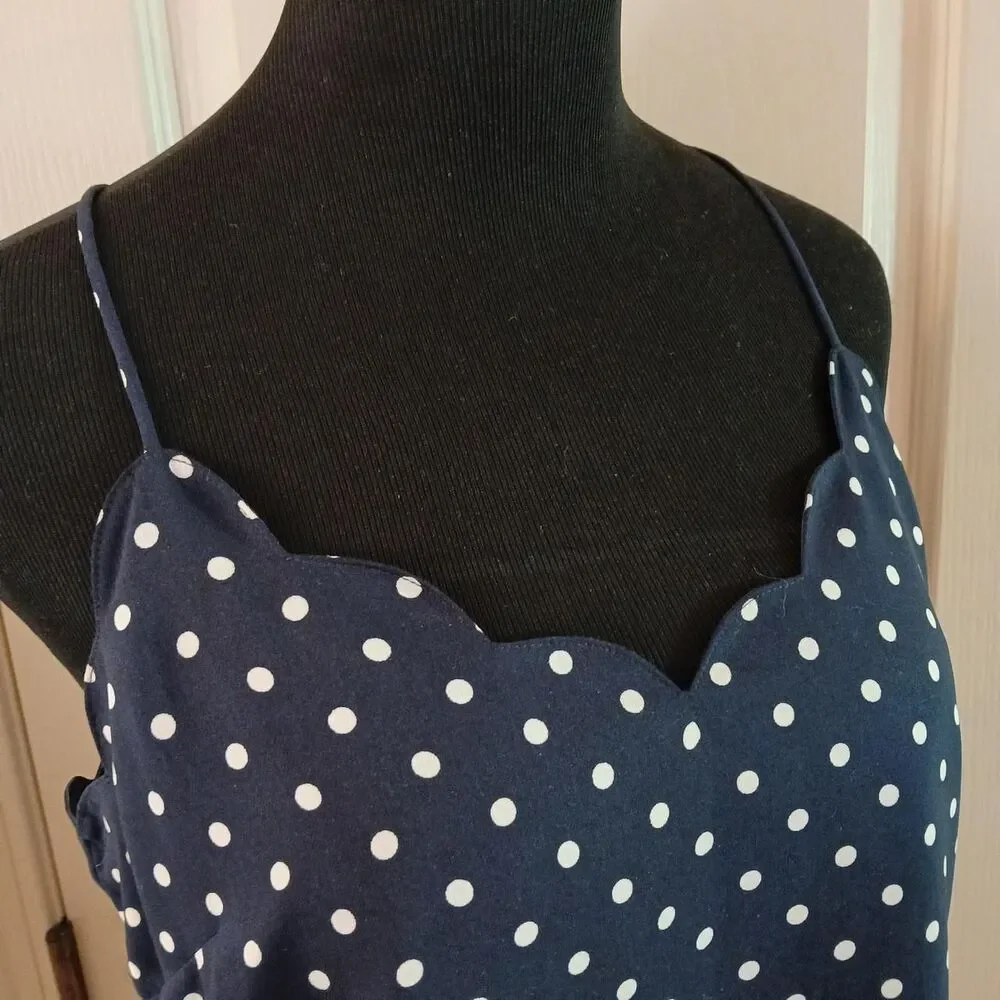 J.Crew navy/white polka dot tank top scalloped top edge 6 old money quiet luxury